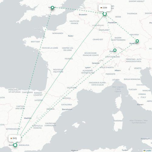 Mapa de vuelo directo Colonia - Sevilla