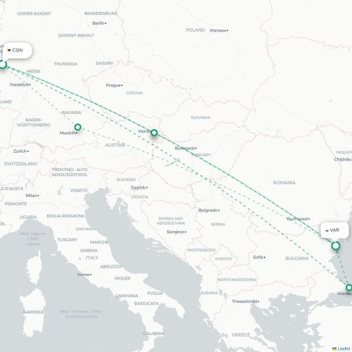 Mapa lotu bezpośredniego Kolonia – Warna