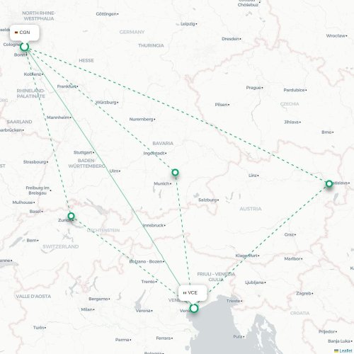 Keulen - Venetië kaart van rechtstreekse vlucht