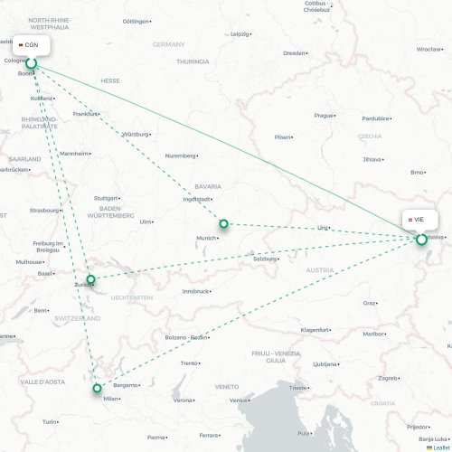 Mapa lotu bezpośredniego Kolonia – Wiedeń