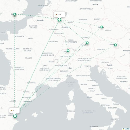 Mapa de vuelo directo Colonia - Valencia