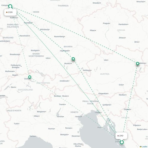 Mapa de vuelo directo Colonia - Zadar