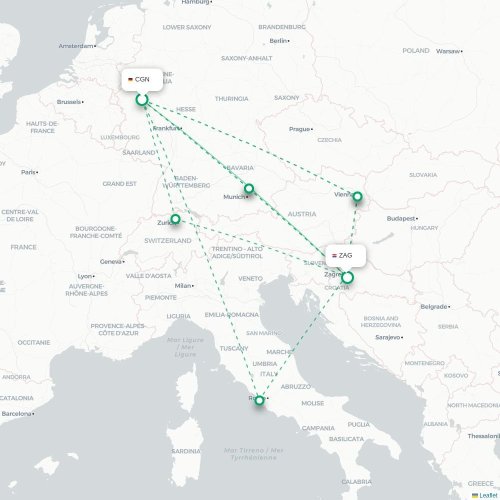 Mapa de vuelo directo Colonia - Zagreb