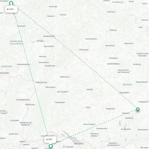 Mapa de vuelo directo Colonia - Zúrich