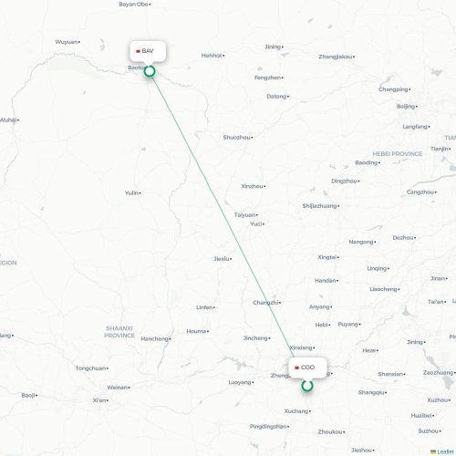 Mapa de vuelo directo Zhengzhou - Baotou