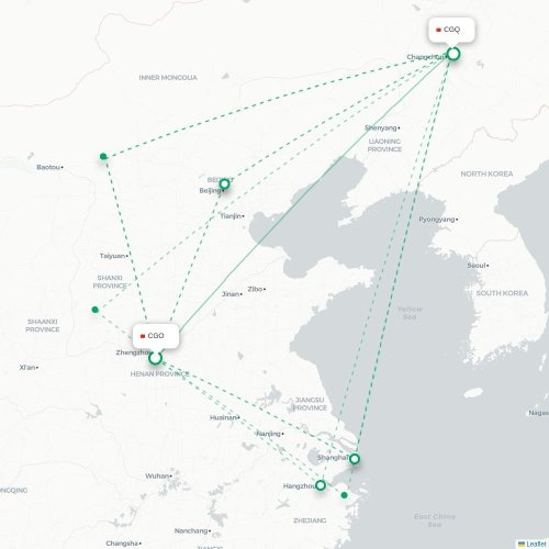 Mapa de vuelo directo Zhengzhou - Changchun