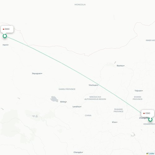 Mapa lotu bezpośredniego Czengczou – Hami