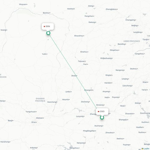 Mapa de vuelo directo Zhengzhou - Ordos City