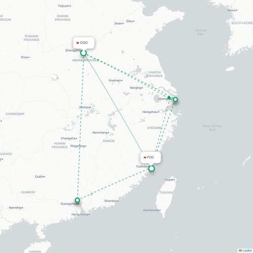 Mapa de vuelo directo Zhengzhou - Fuzhou