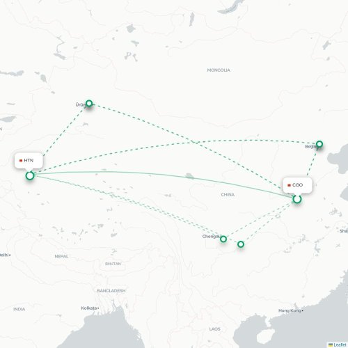 Zhengzhou - Hotan karta över direktflyg