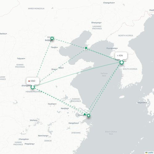 Mapa de vuelo directo Zhengzhou - Incheon