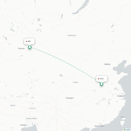 Mapa de vuelo directo Zhengzhou - Qitai