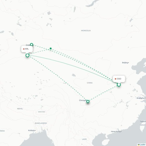 Mapa lotu bezpośredniego Czengczou – Bayingolin