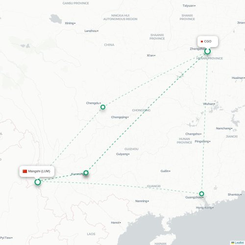 Mapa lotu bezpośredniego Czengczou – Dehong