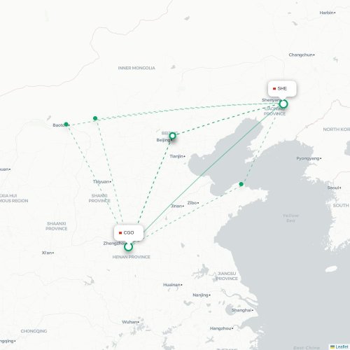 Mapa lotu bezpośredniego Czengczou – Shenyang