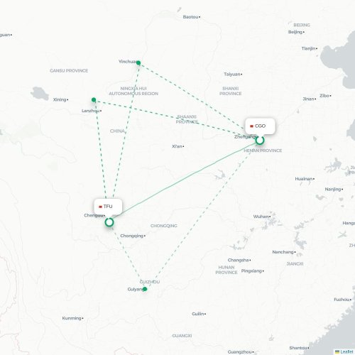 Mapa de vuelo directo Zhengzhou - Chengdu