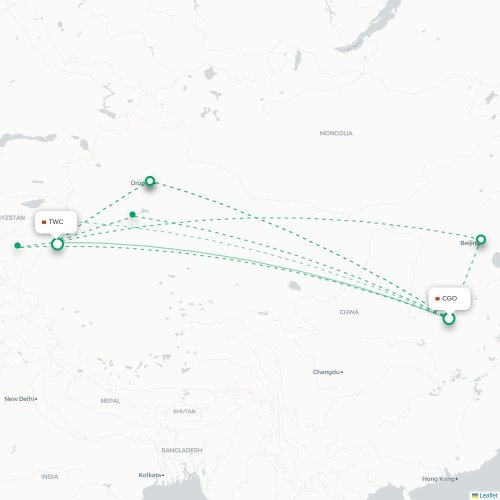Mapa de vuelo directo Zhengzhou - Tumshuke