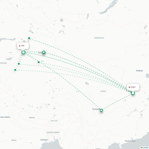 Mapa lotu bezpośredniego Czengczou – Ili