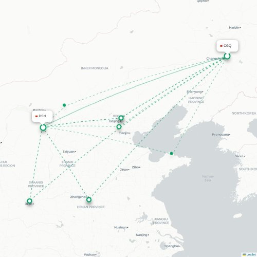 Mapa lotu bezpośredniego Changchun – Ordos City