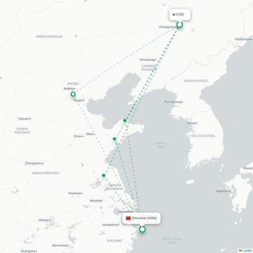 Mapa lotu bezpośredniego Changchun – Zhoushan