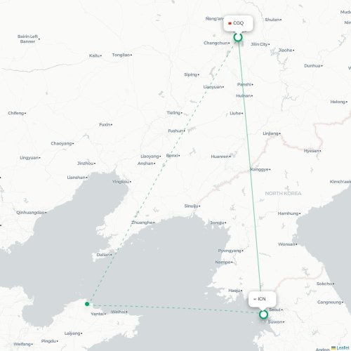 Changchun – Incheon suoran lennon kartta