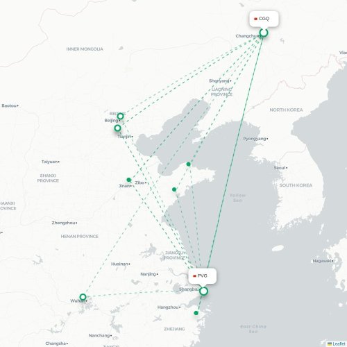 Mapa lotu bezpośredniego Changchun – Szanghaj