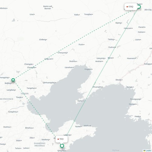Mapa lotu bezpośredniego Changchun – Qingdao