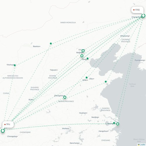 Changchun - Chengdu kort over direkte fly