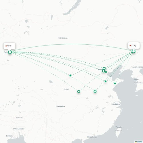Mapa de vuelo directo Changchun - Ürümqi