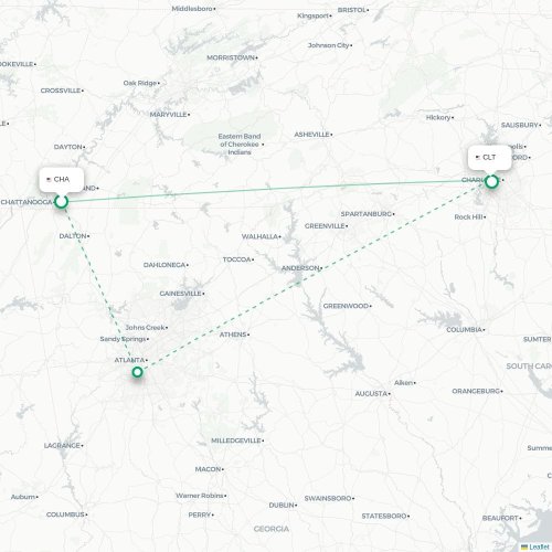 Mapa de vuelo directo Chattanooga - Charlotte