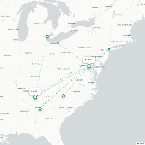 Mapa de vuelo directo Chattanooga - Washington D. C.