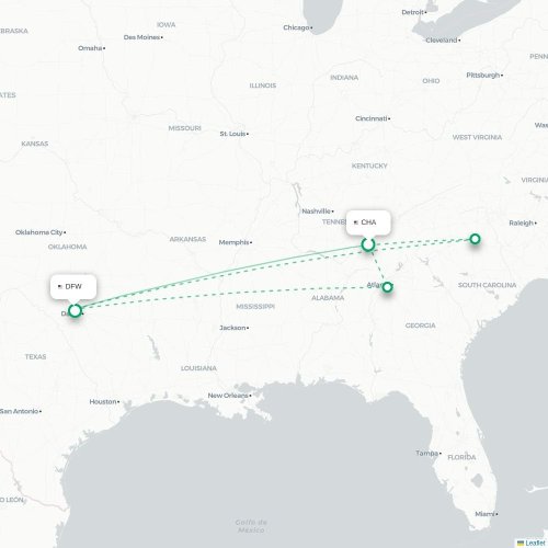 Mapa de vuelo directo Chattanooga - Dallas