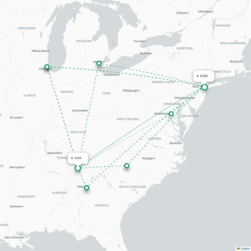 Mapa de vuelo directo Chattanooga - Newark