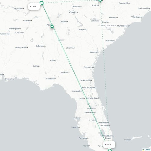 Mapa de vuelo directo Chattanooga - Miami