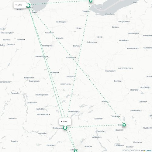 Mapa de vuelo directo Chattanooga - Chicago