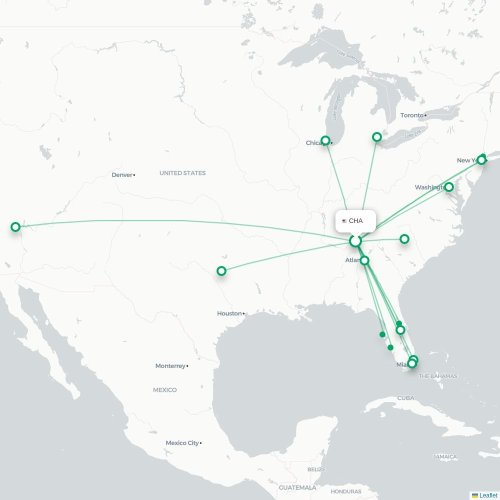 Mapa de vuelo directo Chattanooga - Nueva York