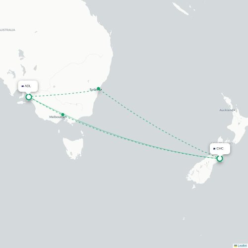 Mapa lotu bezpośredniego Christchurch – Adelajda Południowa