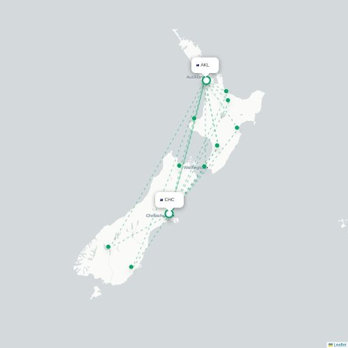 Christchurch - Auckland kort over direkte fly
