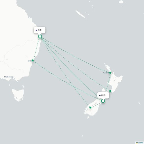 Mapa lotu bezpośredniego Christchurch – Brisbane