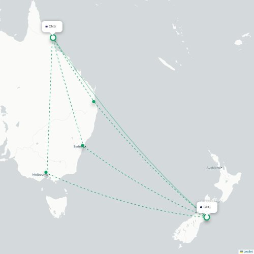 Mapa lotu bezpośredniego Christchurch – Cairns