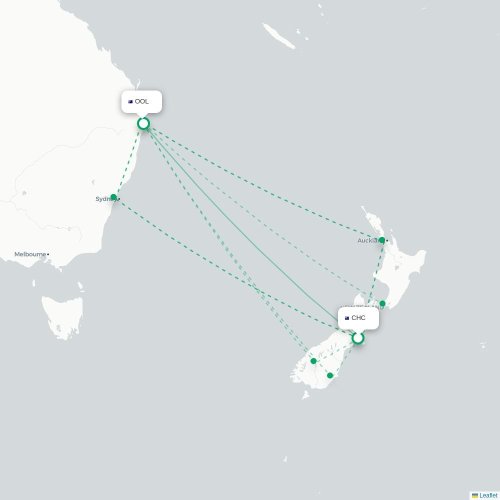 Mapa lotu bezpośredniego Christchurch – Coolangatta