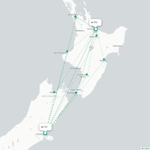 Christchurch - Tauranga kort over direkte fly