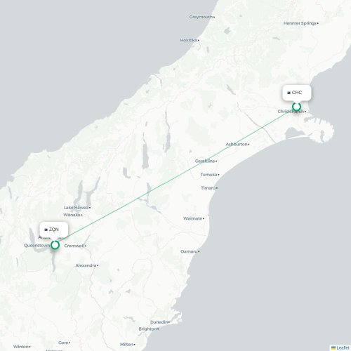 Mapa lotu bezpośredniego Christchurch – Queenstown