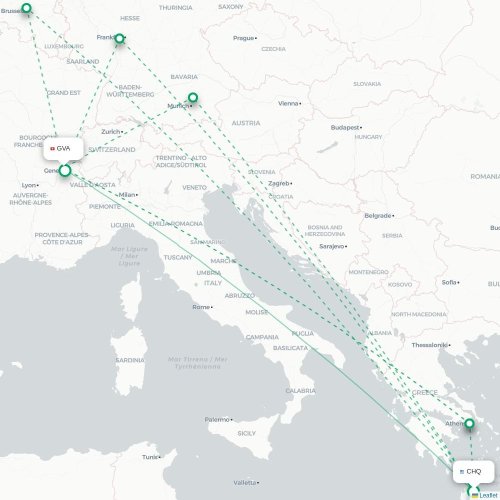 Mapa de vuelo directo La Canea - Ginebra