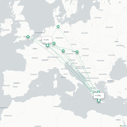 Mapa lotu bezpośredniego Chania (Kreta) – Luksemburg