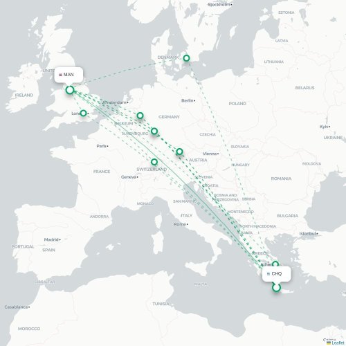 Mapa de vuelo directo La Canea - Mánchester