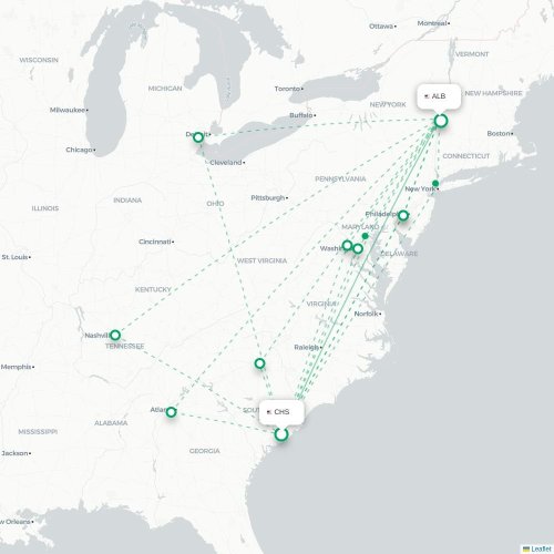 Mapa lotu bezpośredniego Charleston – Albany