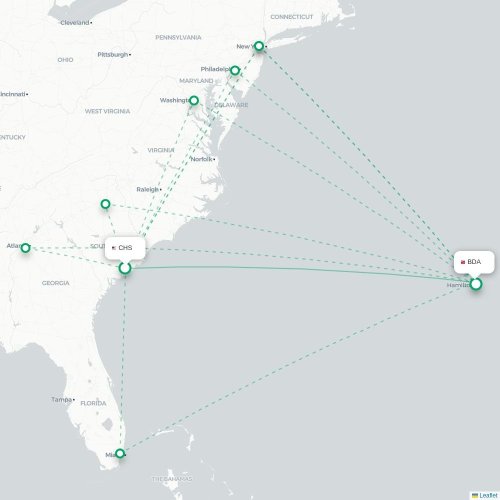 Mapa de vuelo directo Charleston - Hamilton