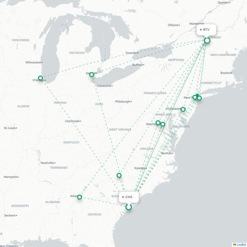 Mapa de vuelo directo Charleston - Burlington