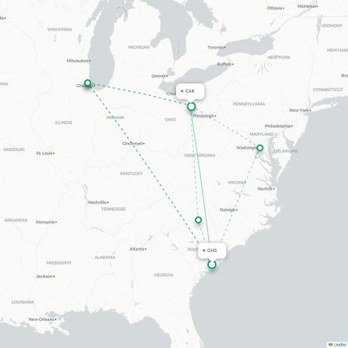Mapa de vuelo directo Charleston - Akron